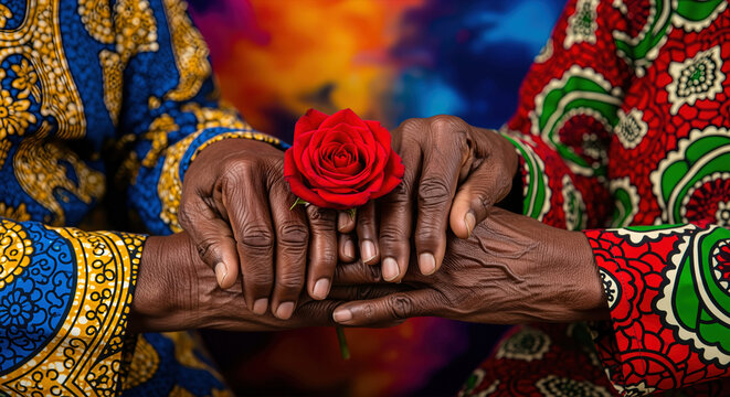 Close-up of two pairs of hands holding a red rose, symbolizing unity and affection, set against a vibrant, colorful backdrop. Concept for Love and Valentines Day celebration.