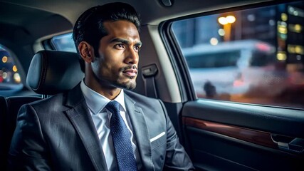Businessman in a Suit Looking Out of a Car Window at Night.