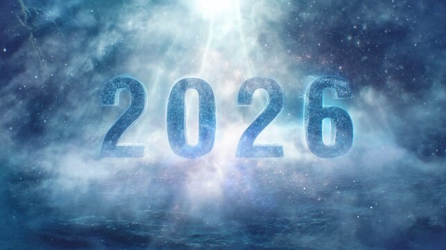 Futuristic Concept for Year 2026 with Glowing Numbers Set Against Cosmic Background of Stars and Clouds - Powered by Adobe