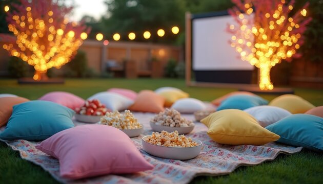 Outdoor movie night setup on green lawn with colourful cushions, fairy lights. Guests enjoy snacks popcorn, drinks under projector screen. Relaxed festive atmosphere creates joyful socialising for