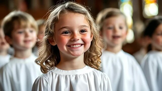 Smiling girl in choir robe with other children in the background. Happy and bright.