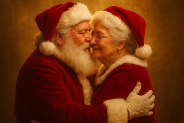 Senior couple dressed as Santa Claus and Mrs. Claus, sharing a warm, loving embrace during the holiday season