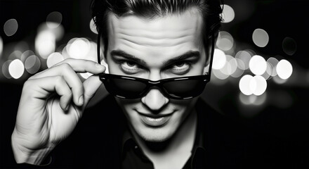 Close-up portrait of a stylish man adjusting sunglasses in a dark, bokeh-lit setting, conveying a sense of mystery and allure .Concept for Love and Valentines Day celebration.