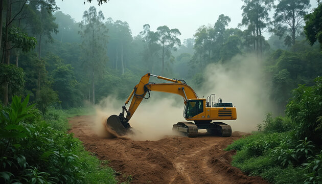 Yellow excavator works in tropical forest clearing path way. Heavy machine digs ground among rainforest trees with dust. Land development in the jungle for agriculture or construction site. - Powered by Adobe