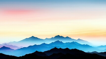 A layered silhouette of mountain peaks fading into the distance, bathed in the soft, gradient light of dawn.