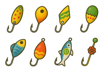 Colorful fishing lures arranged on a white background showcasing different shapes and designs for various fishing needs
