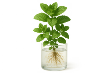 Fresh mint sprig growing roots in water glass, propagating new organic herb plant, transparent background