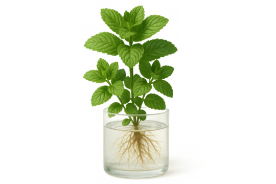 Fresh mint sprig growing roots in water glass, propagating new organic herb plant, transparent background