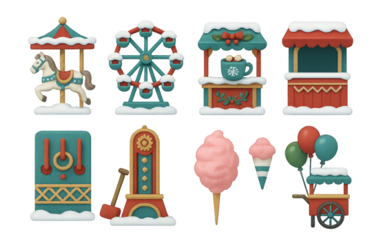 Festive winter fair scene with carnival rides, food stalls, and holiday decorations featuring colorful snow-covered elements