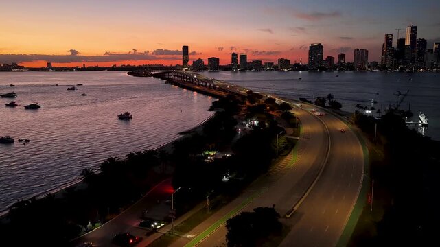 Virginia Key Beach At Miami In Florida United States. Sunset City. Stunning Biscayne Bay. Downtown District. Virginia Key Beach At Miami In Florida United States. Highrise Buildings.
