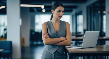 Serious business woman in gray vest standing with crossed arms looking at laptop screen