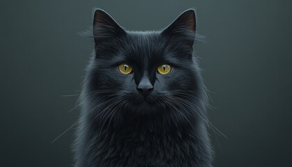 Obraz premium Stunning Long-Haired Black Cat with Striking Golden Eyes Posing Elegantly Against a Gray Background
