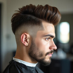 Fototapeta premium Young man with stylish faux hawk haircut and beard poses confidently. Guy sports fade hairstyle, looking serious in studio. He wears black cape, showing off fresh barber cut.