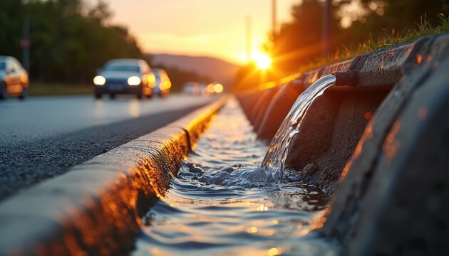 Water flows into urban drainage ditch near roadway at sunset. Water stream runs to ditch from pipe. Concept sustainability and eco solutions for heavy rain runoffs on city streets.