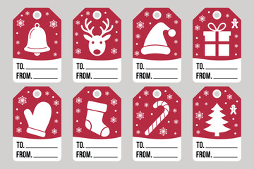 Bell christmas gift tag with snow design for present labeling featuring festive holiday season vector template with space to write recipient and sender names in bright colors