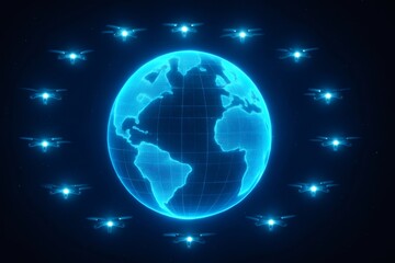 Fototapeta premium Drones forming a protective circle around a glowing blue wireframe Earth globe, representing global security and technological surveillance