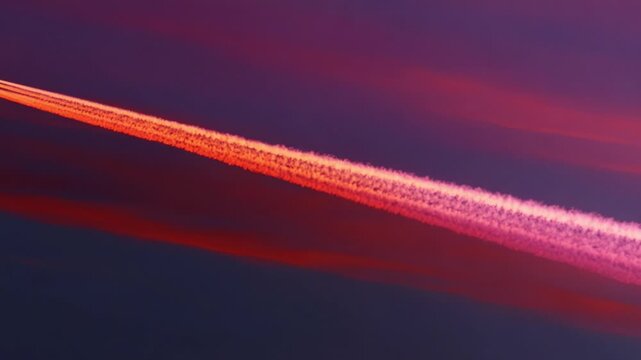 A stunning display of vibrant clouds at twilight captures the majestic flight of an airplane, leaving behind a beautiful contrail that streaks across the colorful sky.