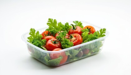 Fresh tomatoes and leafy greens in a clear plastic container. This salad mix is ready for a healthy meal. Ingredients for cooking lunch or dinner are perfectly preserved.