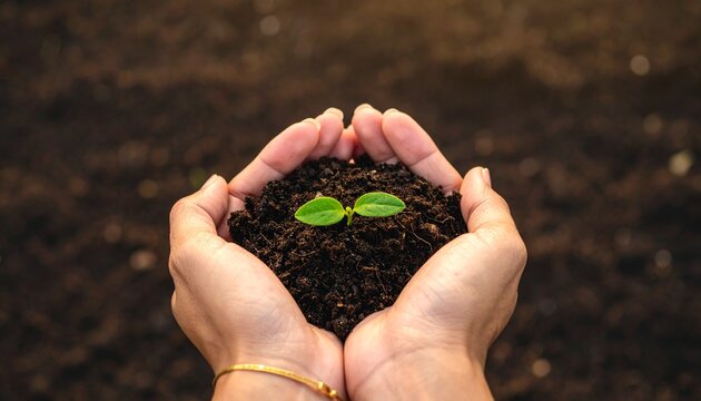 Hands Holding a Small Plant in Soil to Represent Growth and Sustainability in Agriculture and Organic Gardening for Environmental Awareness and Earth Day