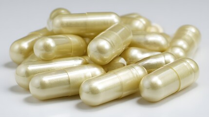 A pile of pearlescent golden supplement capsules on a white background.
