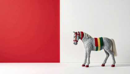 暖かみのあるシンプルな背景の一角に、チェック柄のツイード馬オブジェが置かれた静物シーンです。
自然光がやわらかく影をつくり、ツイード生地の質感と立体感を引き立てます。
広いネガティブスペースがあり、広告やブランドテキストに最適です。
落ち着いた高画質のフォトリアル表現で、上質な雰囲気のビジュアルに仕上がっています。