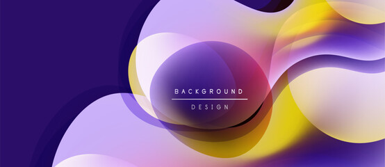 Abstract fluid shapes overlap, creating vibrant purple, yellow gradients. Modern design evokes movement, energy, depth. Background features text.
