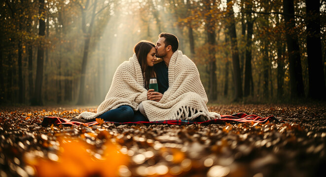 Affectionate couple snuggling under a blanket, sharing a warm drink during a romantic picnic in a sun-drenched autumn forest, .Concept for Love and Valentines Day celebration.