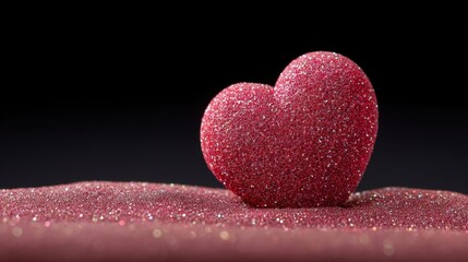 Obraz premium Glittering Red Heart Decoration on Soft Shiny Surface Against Black Background, Perfect for Valentine's Day, Love Themes, or Romantic Occasions
