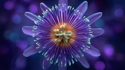 Stunning close-up of a vibrant purple flower showcasing intricate details of petals, stamens, and an ethereal bokeh background with soft lighting effects