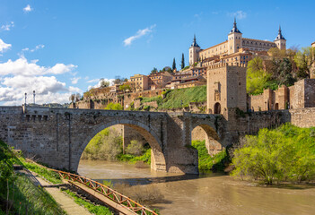 Alcazar of Toledo and Alcantara bridge over Tajo river, Madrid suburbs, Spain