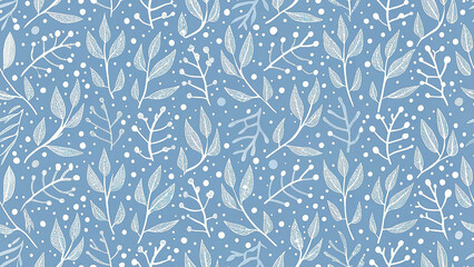 Winter monochrome design with white leaves and snow on a blue background in a graphic style.