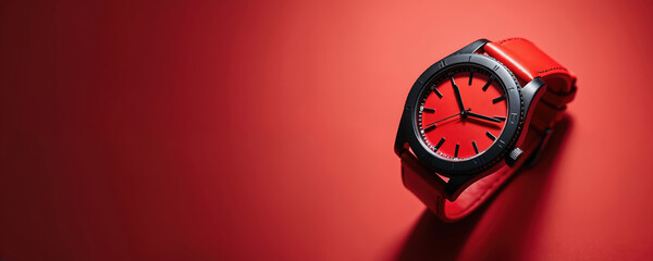 Modern red wrist watch with sleek black casing, matching red leather strap sits on vibrant red background. Minimalist clock face casts subtle shadow. Stylish timepiece suggests importance of time,