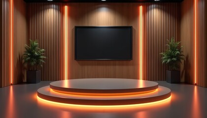 Modern virtual studio background features empty circular stage with orange neon light. Large blank screen on wooden slatted wall offers space for online presentations. Two green potted plants enhance