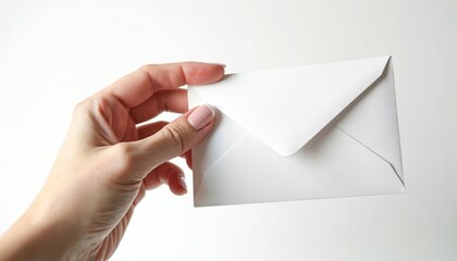 Elegant woman hand holds white paper envelope. Fingers grip blank letter, mockup card on light backdrop. Communication concept for business message or personal correspondence formal greeting design.