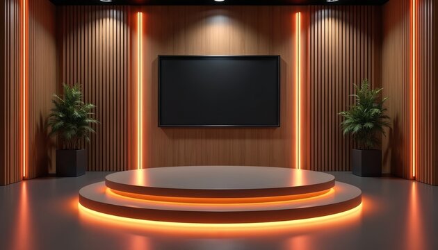 Modern virtual studio background features empty circular stage with orange neon light. Large blank screen on wooden slatted wall offers space for online presentations. Two green potted plants enhance