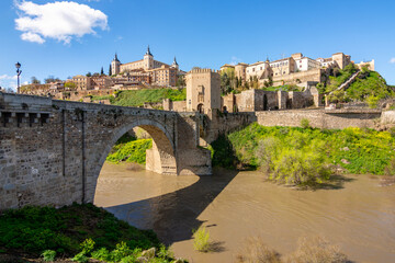 Alcazar of Toledo and Alcantara bridge over Tajo river, Madrid suburbs, Spain
