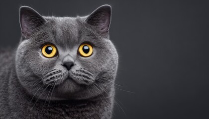 Obraz premium Charming British Shorthair Cat with Expressive Eyes on a Clean Gray Background, Captivating Serenity