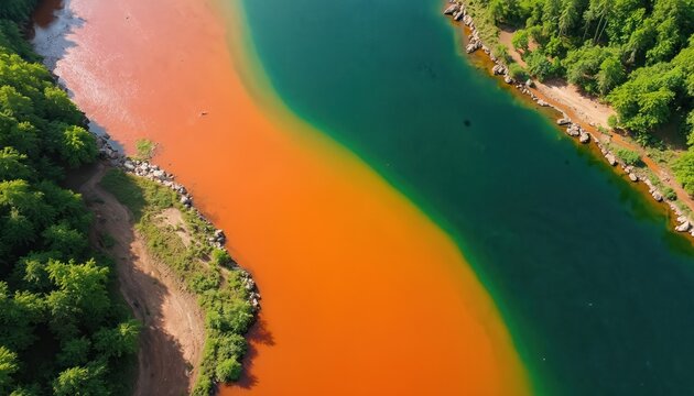 Aerial view shows river merge. One part is orange mine runoff pollution. Another river part is clean green water. Forest grows near waters. Ecological disaster impacts nature landscape.