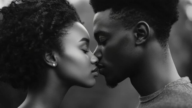 African American couple sharing affectionate kiss. Romantic black and white photo.