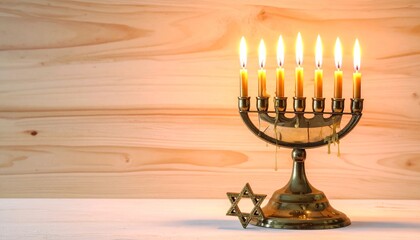 Fototapeta premium A lit menorah with eight candles, a Star of David, and a wooden background.