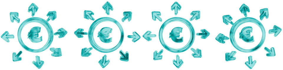 Obraz premium Set of four 3D euro investment diversification shapes in frosted blue ice glass style, isolated on a transparent background. Glassmorphism icons and 3D elements for modern graphic design.