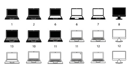 Laptop and Monitor Icon Set Modern Tech Designs for Digital Display and Computing Devices