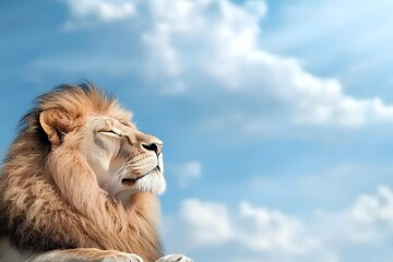 Majestic male lion with thick mane resting against blue sky with white clouds, portraying strength and tranquility in natural wildlife habitat.
