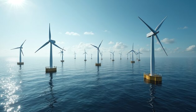 Array of offshore wind turbines operate in open ocean. Modern renewable energy infrastructure generates electricity. Blue sea surrounds floating structures, symbolizing sustainable power solutions. - Powered by Adobe