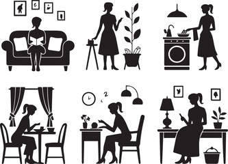 Fototapeta premium Collection silhouette woman doing leisure activities and chores at home