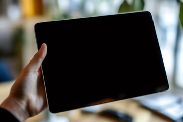 Hand holding a digital tablet with a blank screen, providing a customizable template for various digital content and ads