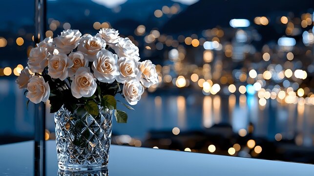 Elegant bouquet of white roses in crystal vase against evening cityscape with blurred bokeh lights reflecting on water surface. - Powered by Adobe