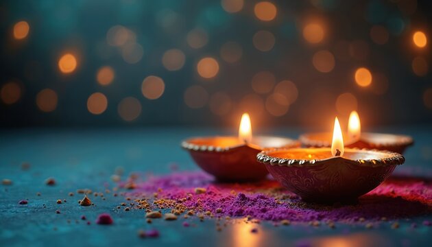 Oil lamps illuminate dark background. Clay diyas burn brightly with warm flame. Colorful powder spread around traditional candles for Hindu festival celebration. Glowing light creates festive mood of