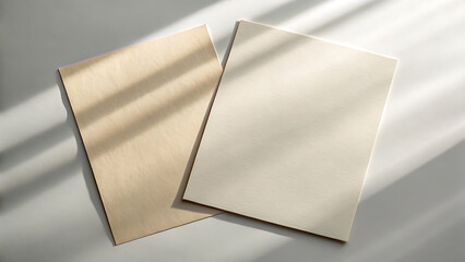 Two blank paper sheets mockup, ideal for showcasing stationery designs or presentations, illuminated by soft sunlight and shadows on a white surface