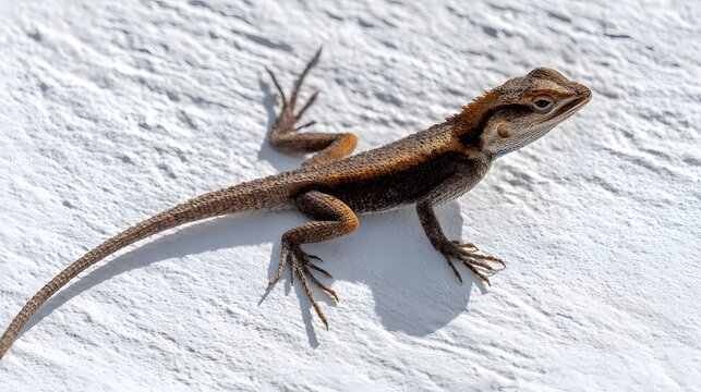 A small brown garden lizard resting on a bright white textured wall.